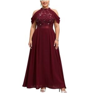 MISSMAY Sequin Lace Halter Maxi Dress Maroon Cape Sleeve Women 1XL NWT